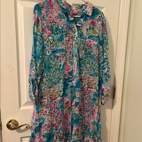 Lilly Pulitzer Women's Natalie Maxi Coverup Dress - 39" Length, Collar & Gold Button Front Shirt Dress - View #2